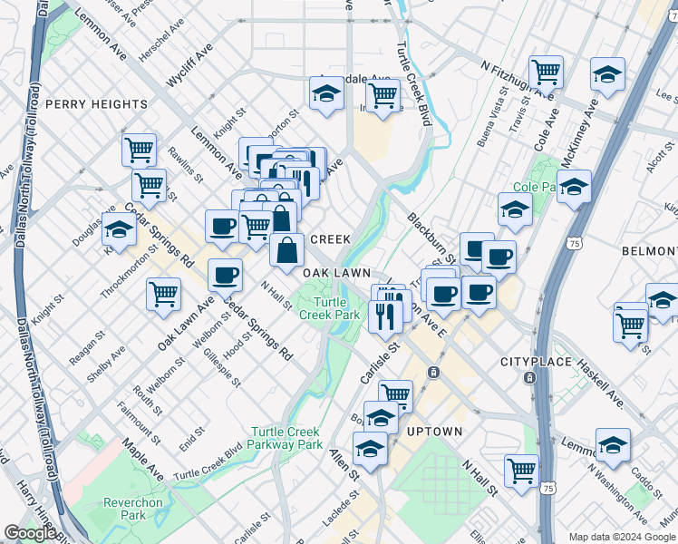map of restaurants, bars, coffee shops, grocery stores, and more near in Dallas