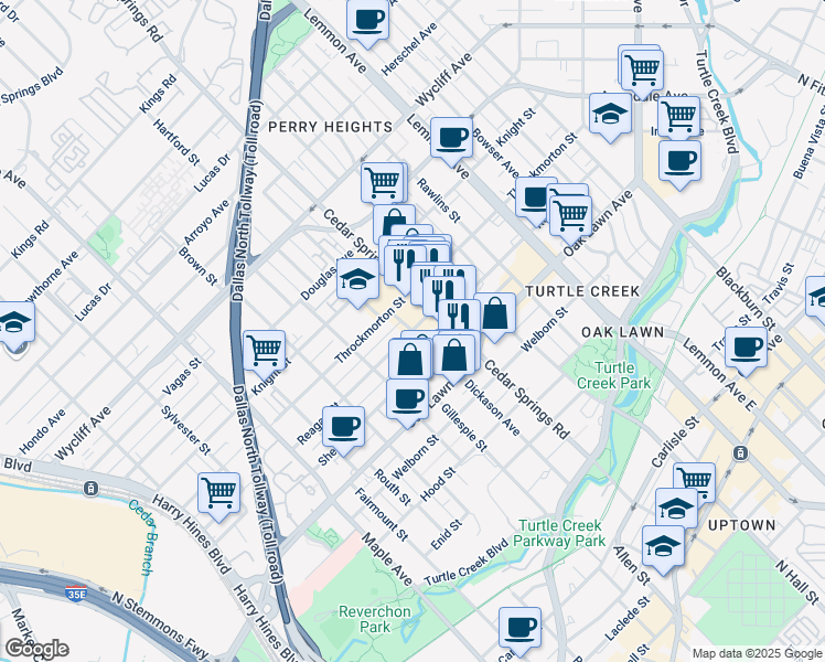 map of restaurants, bars, coffee shops, grocery stores, and more near 2910 Reagan Street in Dallas