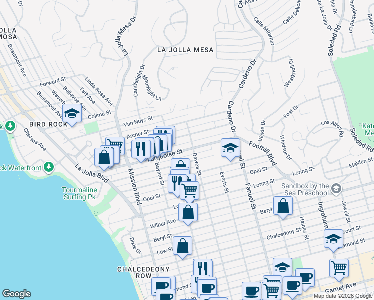 map of restaurants, bars, coffee shops, grocery stores, and more near 1103 Turquoise Street in San Diego