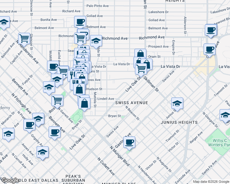 map of restaurants, bars, coffee shops, grocery stores, and more near 1514 Hubert Street in Dallas