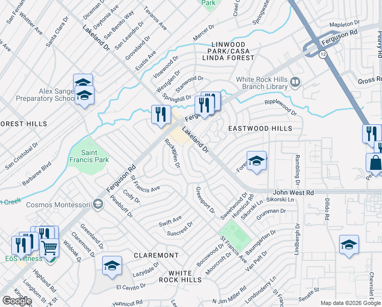 map of restaurants, bars, coffee shops, grocery stores, and more near 2342 Fenestra Drive in Dallas