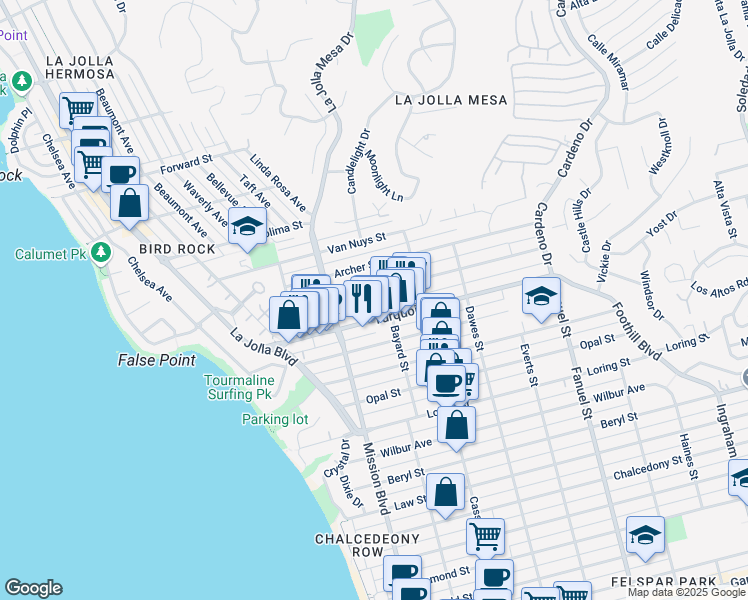 map of restaurants, bars, coffee shops, grocery stores, and more near 873 Agate Street in San Diego