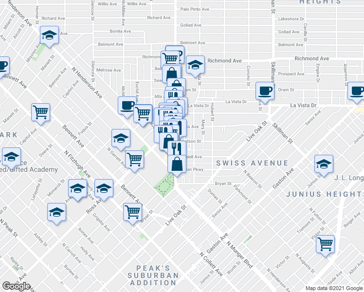 map of restaurants, bars, coffee shops, grocery stores, and more near 5512 Hudson Street in Dallas