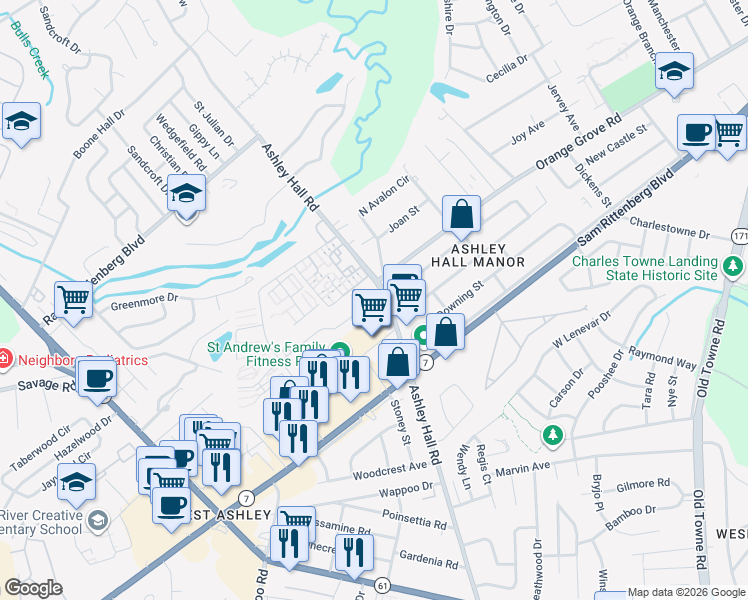 map of restaurants, bars, coffee shops, grocery stores, and more near 1652 Ashley Hall Road in Charleston