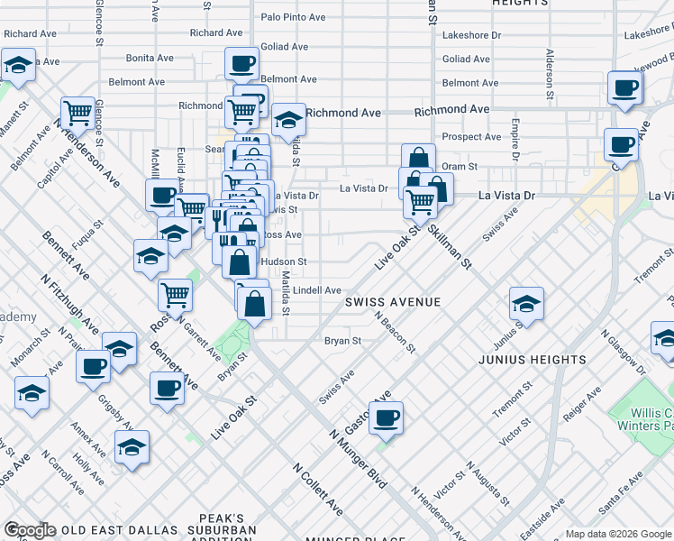 map of restaurants, bars, coffee shops, grocery stores, and more near 1514 Hubert Street in Dallas