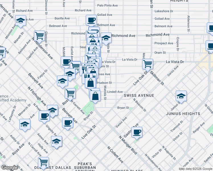 map of restaurants, bars, coffee shops, grocery stores, and more near 1509 Mary Street in Dallas