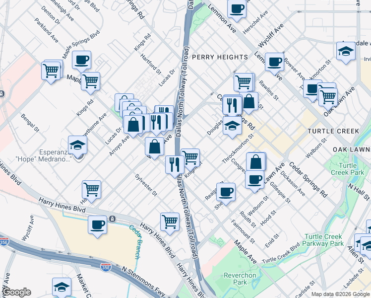 map of restaurants, bars, coffee shops, grocery stores, and more near 2627 Douglas Avenue in Dallas