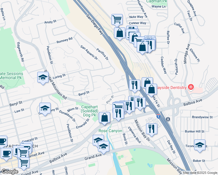 map of restaurants, bars, coffee shops, grocery stores, and more near 4856 Pacifica Drive in San Diego