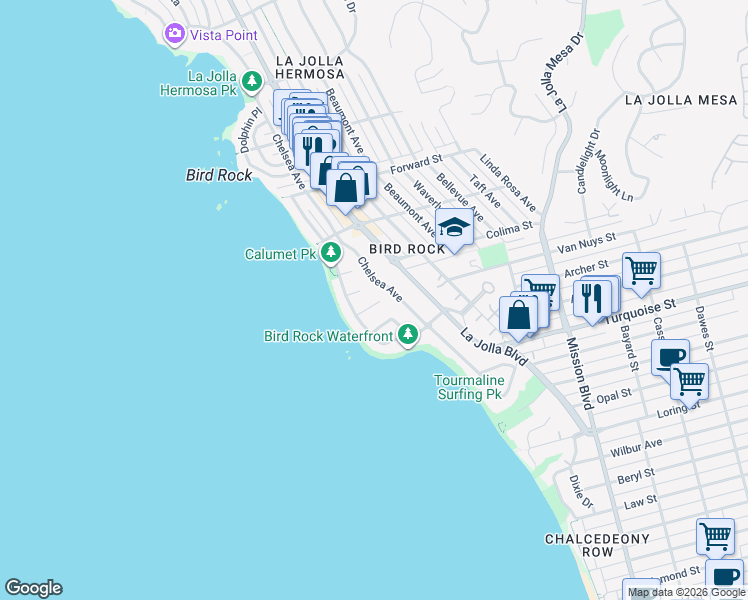 map of restaurants, bars, coffee shops, grocery stores, and more near 365 Ricardo Place in San Diego