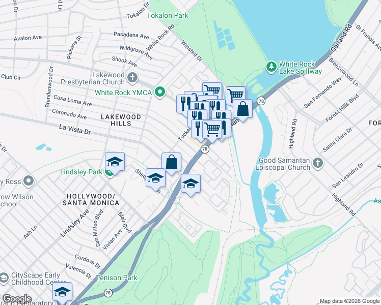 map of restaurants, bars, coffee shops, grocery stores, and more near 7330 Casa Loma Avenue in Dallas