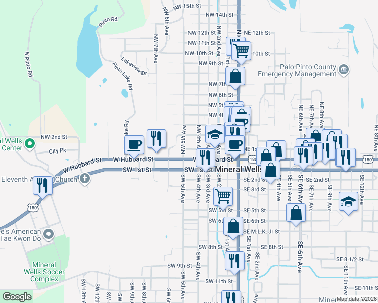 map of restaurants, bars, coffee shops, grocery stores, and more near 502 West Hubbard Street in Mineral Wells