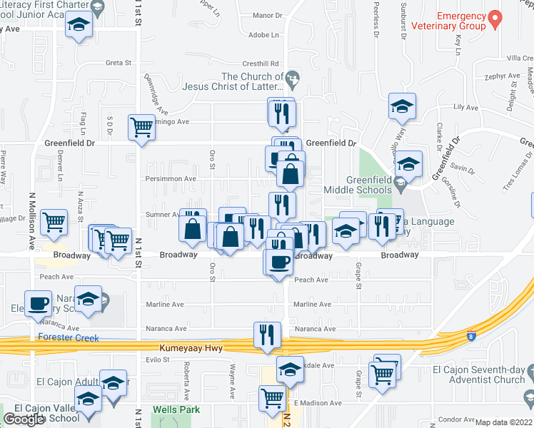 map of restaurants, bars, coffee shops, grocery stores, and more near 1275 Sumner Avenue in El Cajon