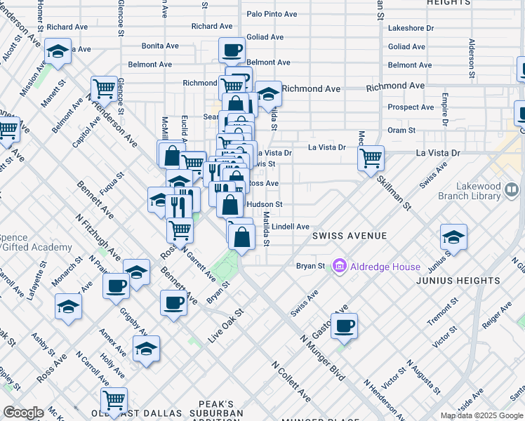 map of restaurants, bars, coffee shops, grocery stores, and more near 1525 Matilda Street in Dallas
