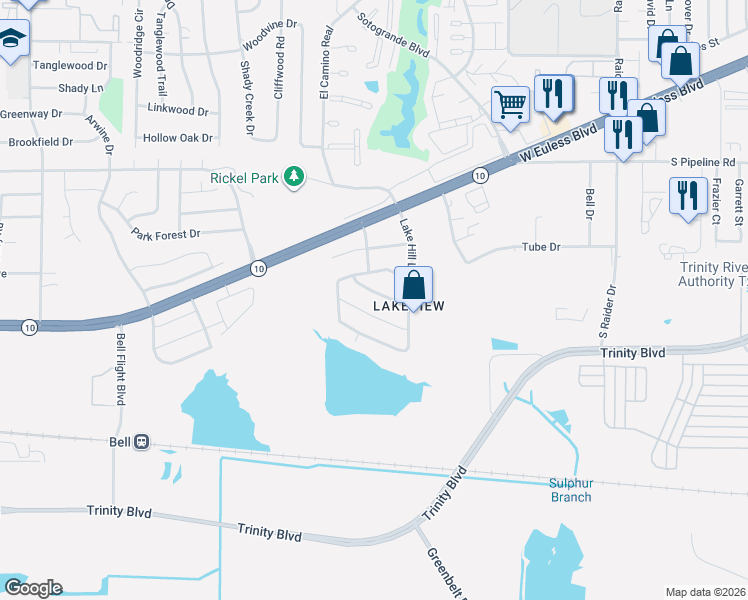 map of restaurants, bars, coffee shops, grocery stores, and more near 10420 Lake Brook Drive in Hurst