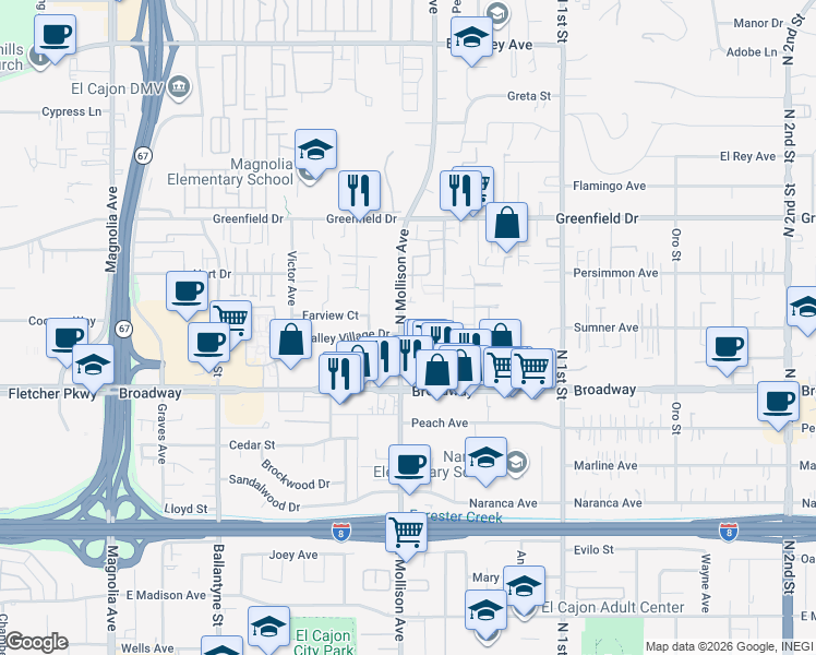 map of restaurants, bars, coffee shops, grocery stores, and more near 1039 North Mollison Avenue in El Cajon