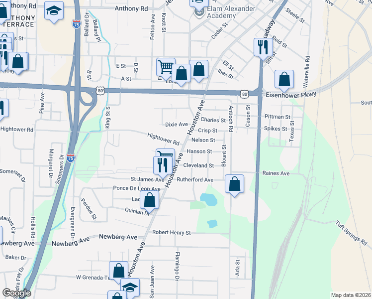 map of restaurants, bars, coffee shops, grocery stores, and more near 594 Hanson Street in Macon