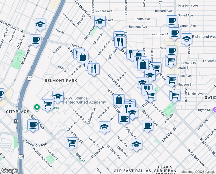 map of restaurants, bars, coffee shops, grocery stores, and more near 2100 North Fitzhugh Avenue in Dallas