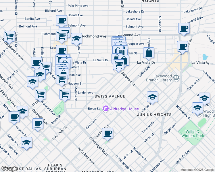 map of restaurants, bars, coffee shops, grocery stores, and more near 6035 Bryan Parkway in Dallas