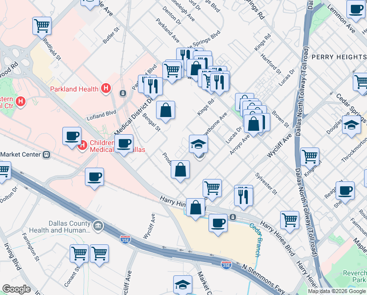 map of restaurants, bars, coffee shops, grocery stores, and more near 4617 Greenborough Lane in Dallas