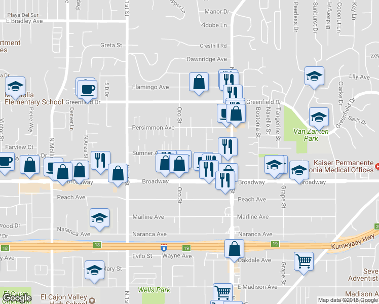 map of restaurants, bars, coffee shops, grocery stores, and more near 1223 Sumner Avenue in El Cajon
