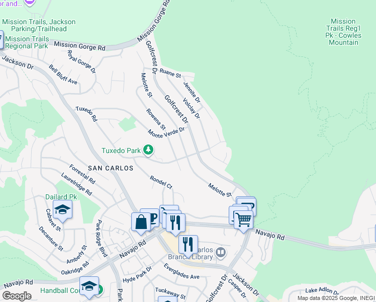 map of restaurants, bars, coffee shops, grocery stores, and more near 7417 Melotte Street in San Diego