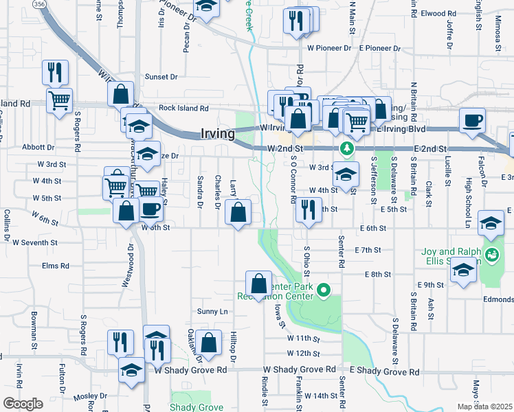 map of restaurants, bars, coffee shops, grocery stores, and more near 452 Renaissance Lane in Irving