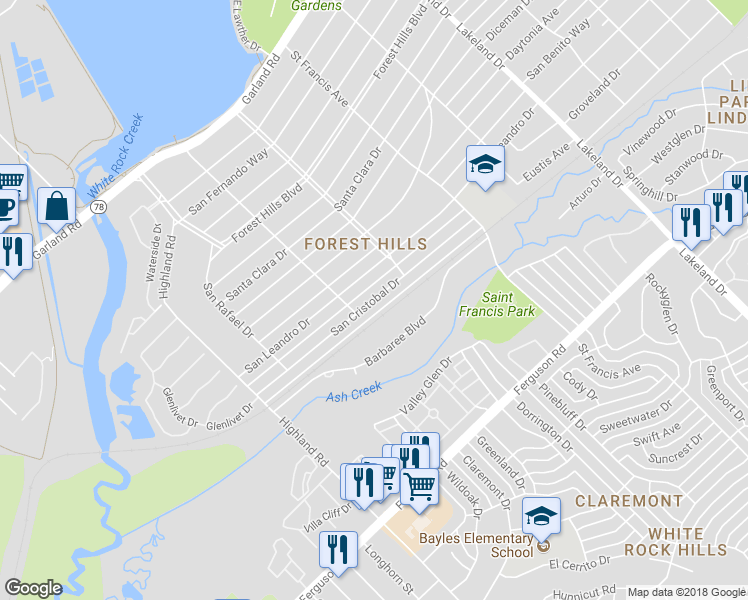 map of restaurants, bars, coffee shops, grocery stores, and more near 8231 San Cristobal Drive in Dallas
