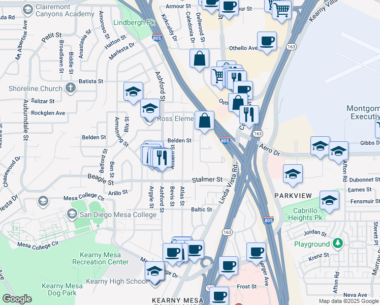 map of restaurants, bars, coffee shops, grocery stores, and more near 3614 Budd Street in San Diego