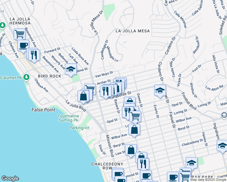 map of restaurants, bars, coffee shops, grocery stores, and more near 954 Turquoise Street in San Diego