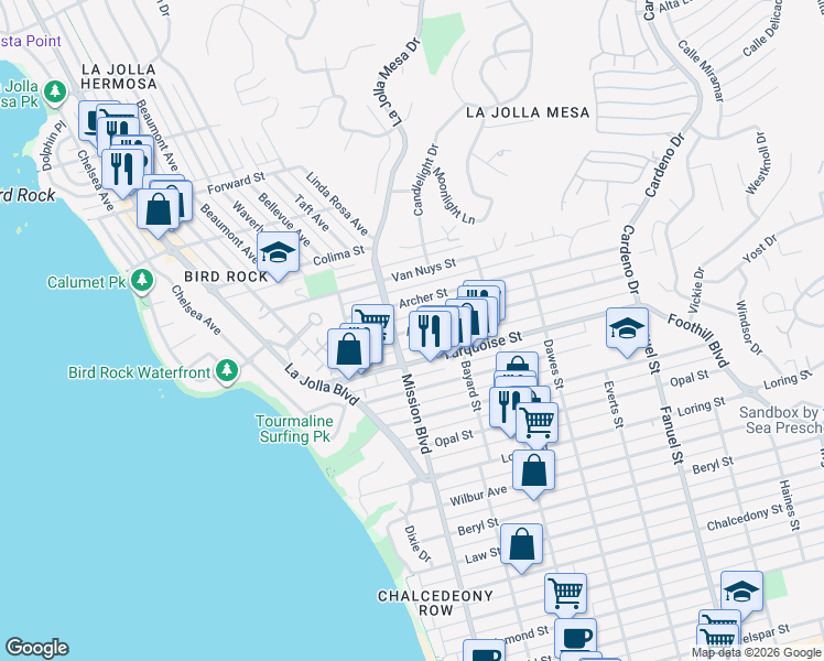 map of restaurants, bars, coffee shops, grocery stores, and more near 5245 La Jolla Mesa Drive in San Diego