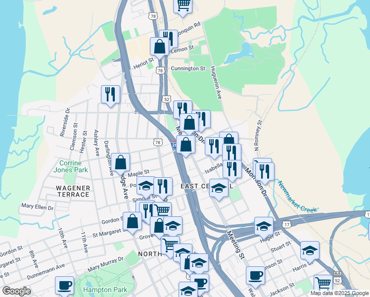 map of restaurants, bars, coffee shops, grocery stores, and more near 790 Meeting Street in Charleston