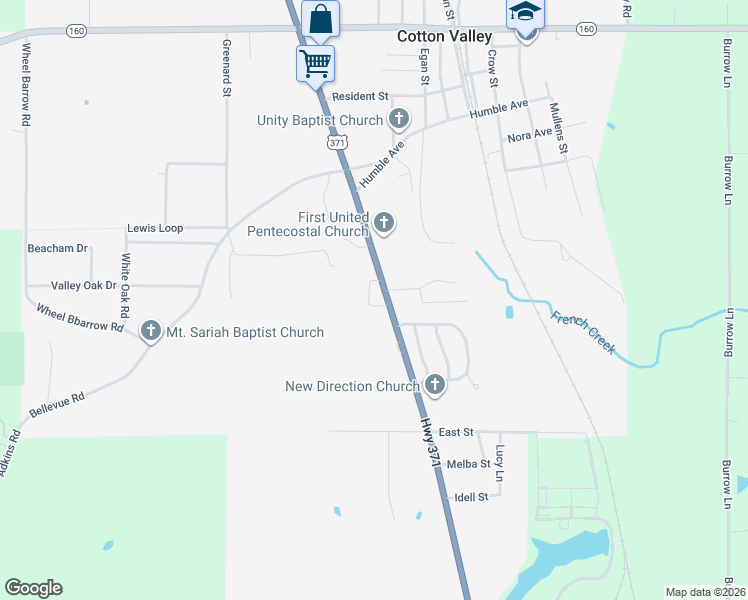 map of restaurants, bars, coffee shops, grocery stores, and more near 21257 U.S. 371 in Cotton Valley