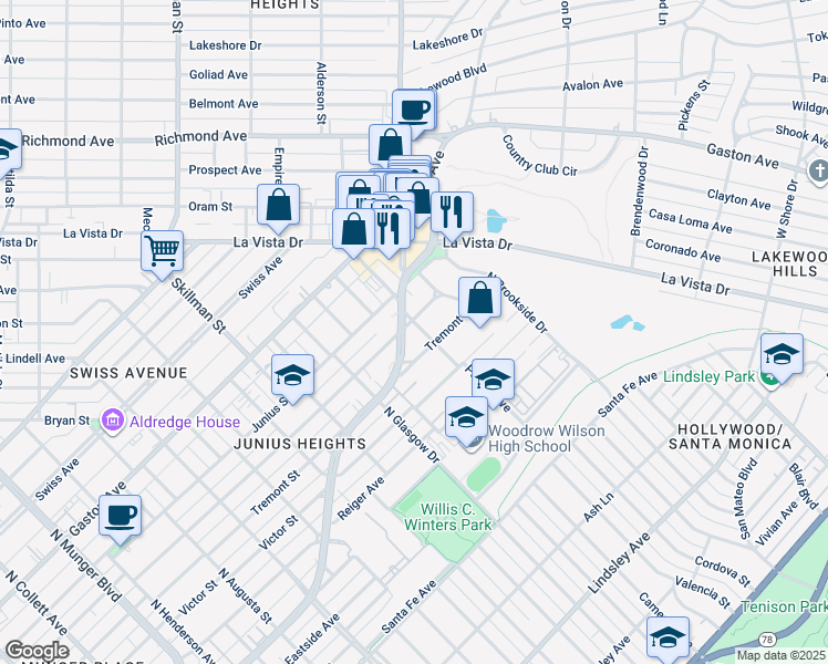 map of restaurants, bars, coffee shops, grocery stores, and more near 6110 Worth Street in Dallas