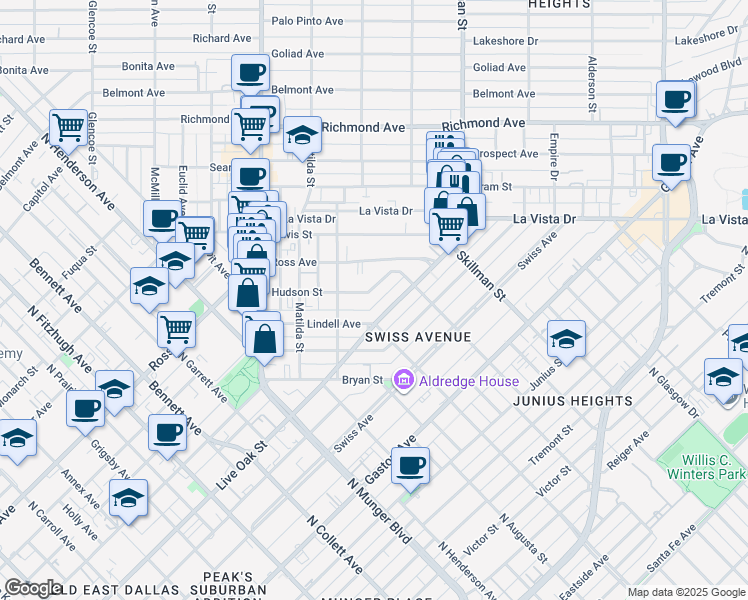map of restaurants, bars, coffee shops, grocery stores, and more near 5619 Live Oak Street in Dallas