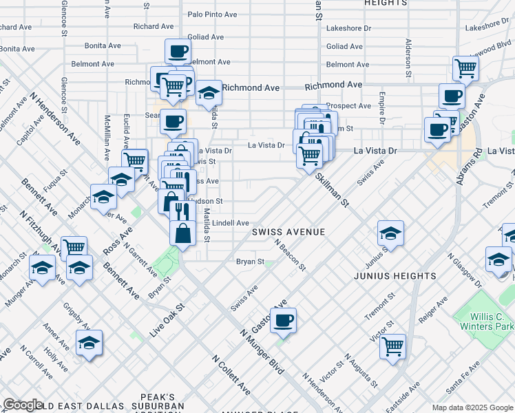 map of restaurants, bars, coffee shops, grocery stores, and more near 5619 Live Oak Street in Dallas
