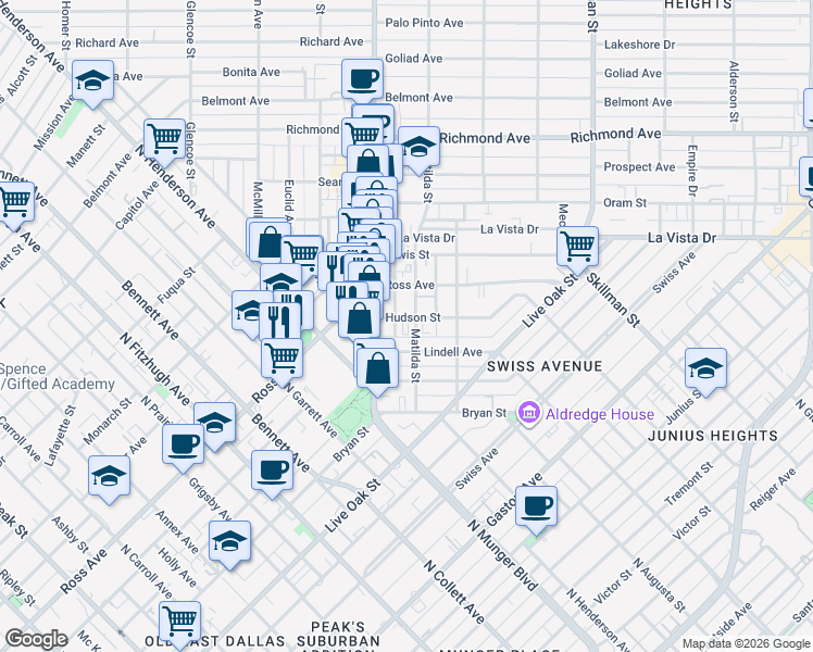 map of restaurants, bars, coffee shops, grocery stores, and more near 5512 Hudson Street in Dallas