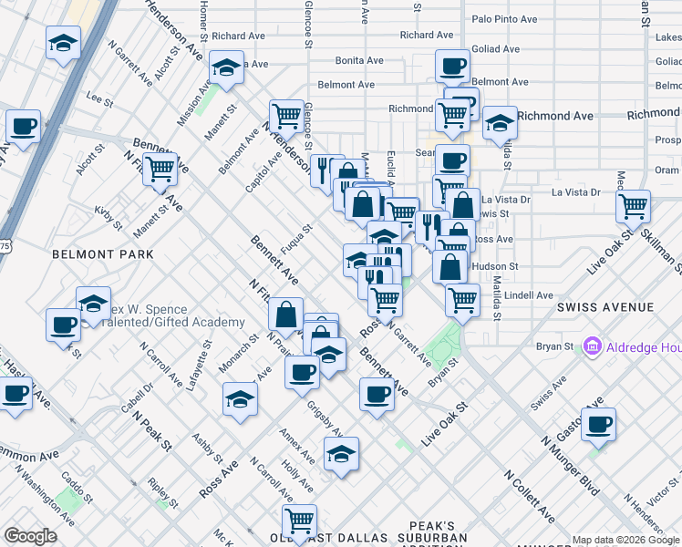 map of restaurants, bars, coffee shops, grocery stores, and more near 1820 North Garrett Avenue in Dallas