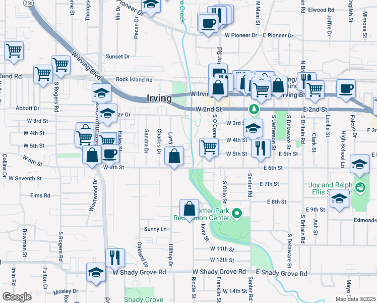 map of restaurants, bars, coffee shops, grocery stores, and more near 452 Renaissance Lane in Irving
