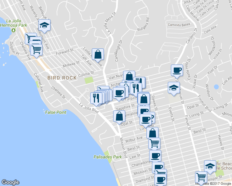 map of restaurants, bars, coffee shops, grocery stores, and more near 841 Agate Street in San Diego