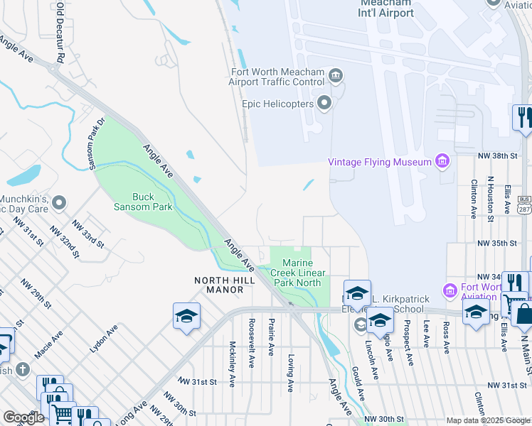 map of restaurants, bars, coffee shops, grocery stores, and more near 1616 Northwest 35th Street in Fort Worth