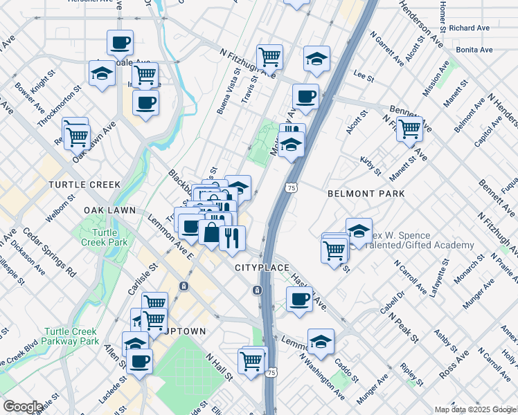 map of restaurants, bars, coffee shops, grocery stores, and more near 3930 McKinney Avenue in Dallas