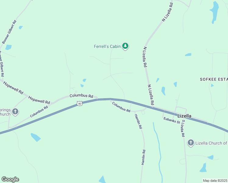 map of restaurants, bars, coffee shops, grocery stores, and more near 2868 Williamson Drive in Lizella