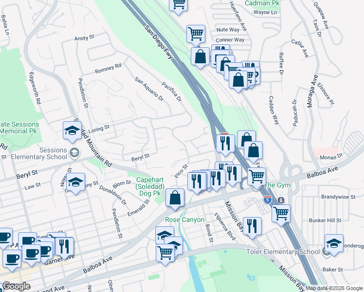 map of restaurants, bars, coffee shops, grocery stores, and more near 4856 Pacifica Drive in San Diego