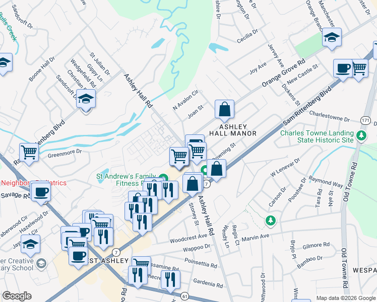map of restaurants, bars, coffee shops, grocery stores, and more near 1652 Ashley Hall Road in Charleston