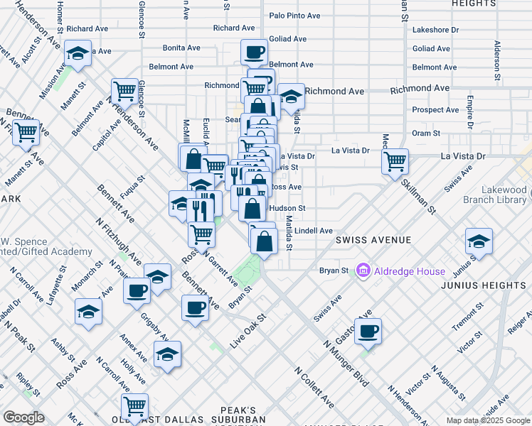 map of restaurants, bars, coffee shops, grocery stores, and more near 5512 Hudson Street in Dallas