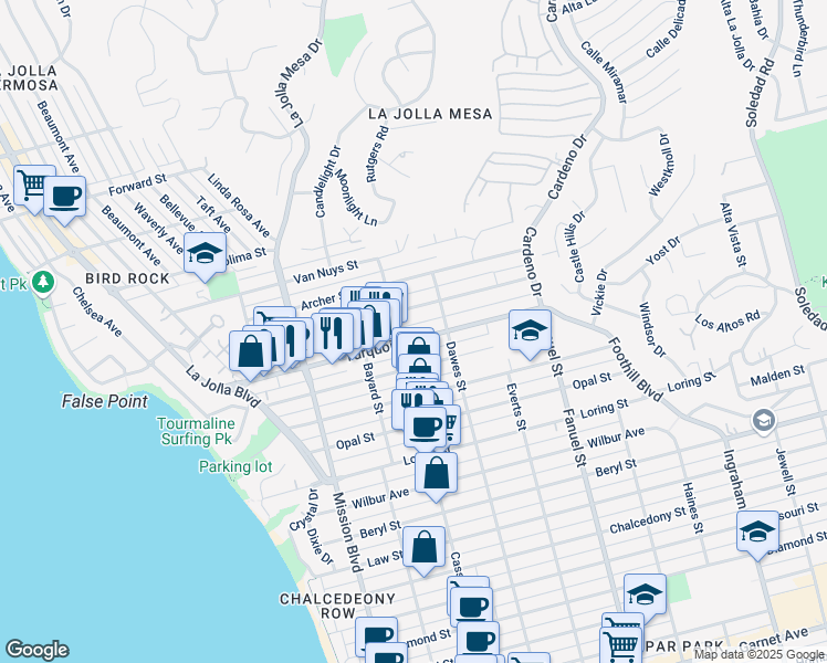 map of restaurants, bars, coffee shops, grocery stores, and more near 1025 Turquoise Street in San Diego