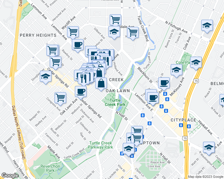map of restaurants, bars, coffee shops, grocery stores, and more near 3498 Lee Parkway in Dallas