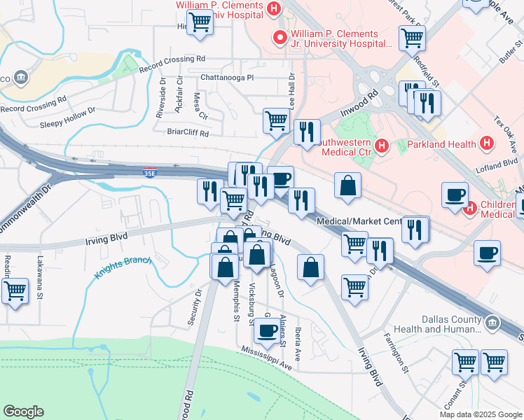 map of restaurants, bars, coffee shops, grocery stores, and more near 2777 North Stemmons Freeway in Dallas