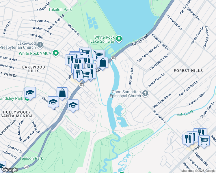 map of restaurants, bars, coffee shops, grocery stores, and more near 7700 Garland Road in Dallas