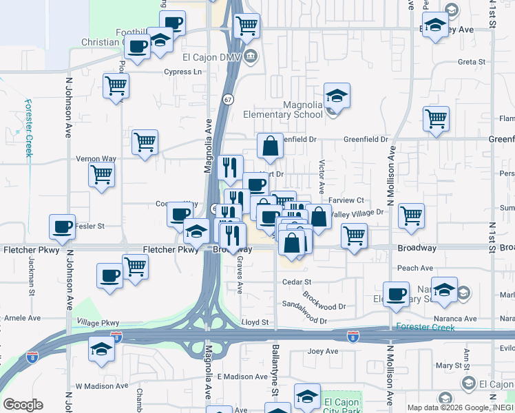 map of restaurants, bars, coffee shops, grocery stores, and more near 250 Broadway in El Cajon